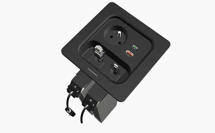 FLOPIQ L s 1 zásuvkou, integrovaným USB-C/A nabíjením, LAN a HDMI vytahovacími PULL-OUT kabely